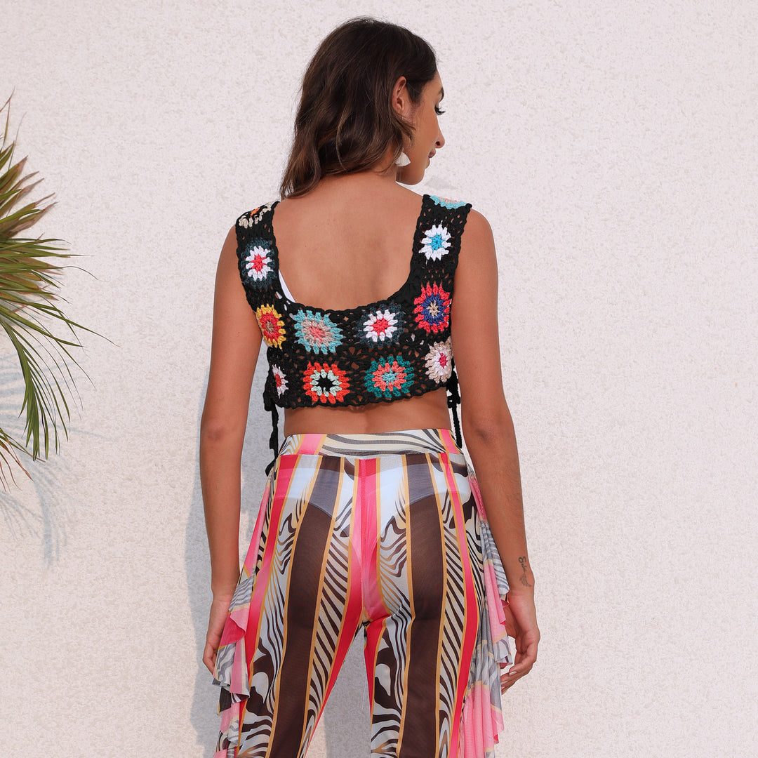 Damen gehäkeltes Crop-Top mit bunten Blumenmotiven Drune