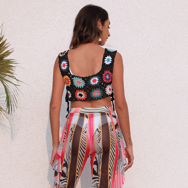 Damen gehäkeltes Crop-Top mit bunten Blumenmotiven Drune