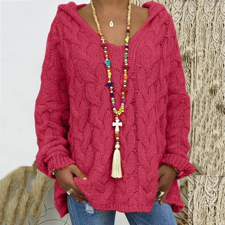 Damen Oversized Zopfmuster-Strickpullover mit Kapuze und lässigem V‑Ausschnitt Drune