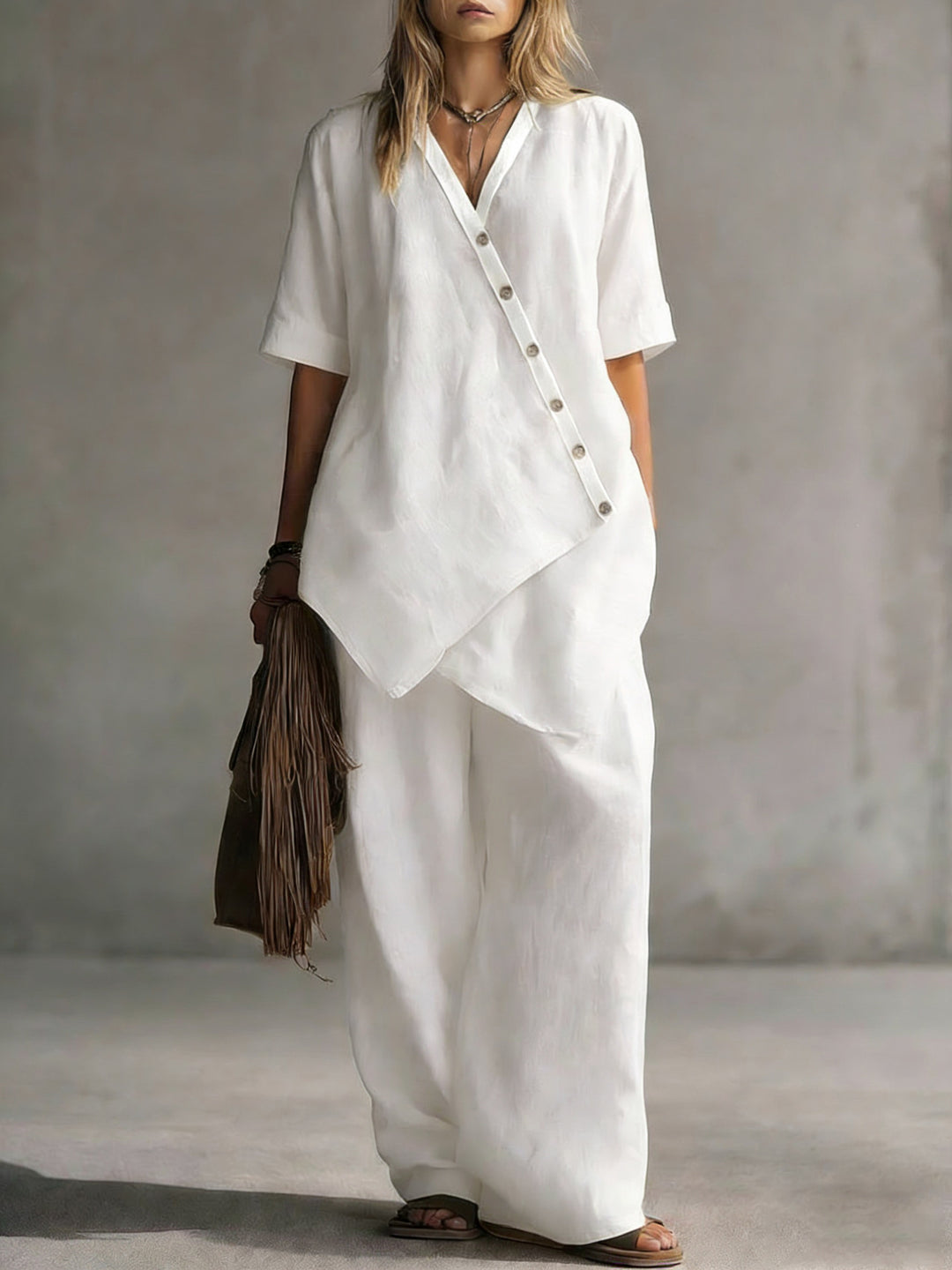 Damen Leinen-Zweiteiler mit asymmetrischer Knopfleiste und weiter Palazzo-Hose Drune