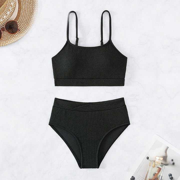 Damen High-Waist Bikini Set mit sportlichem Crop-Top und Rippstruktur Drune