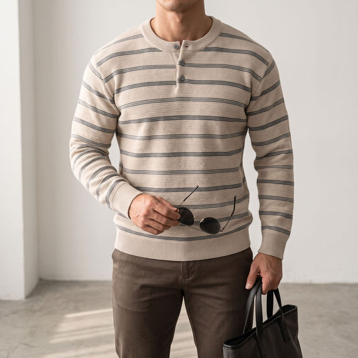 Herren Henley‑Strickpullover mit feiner Struktur und horizontalen Streifen Drune