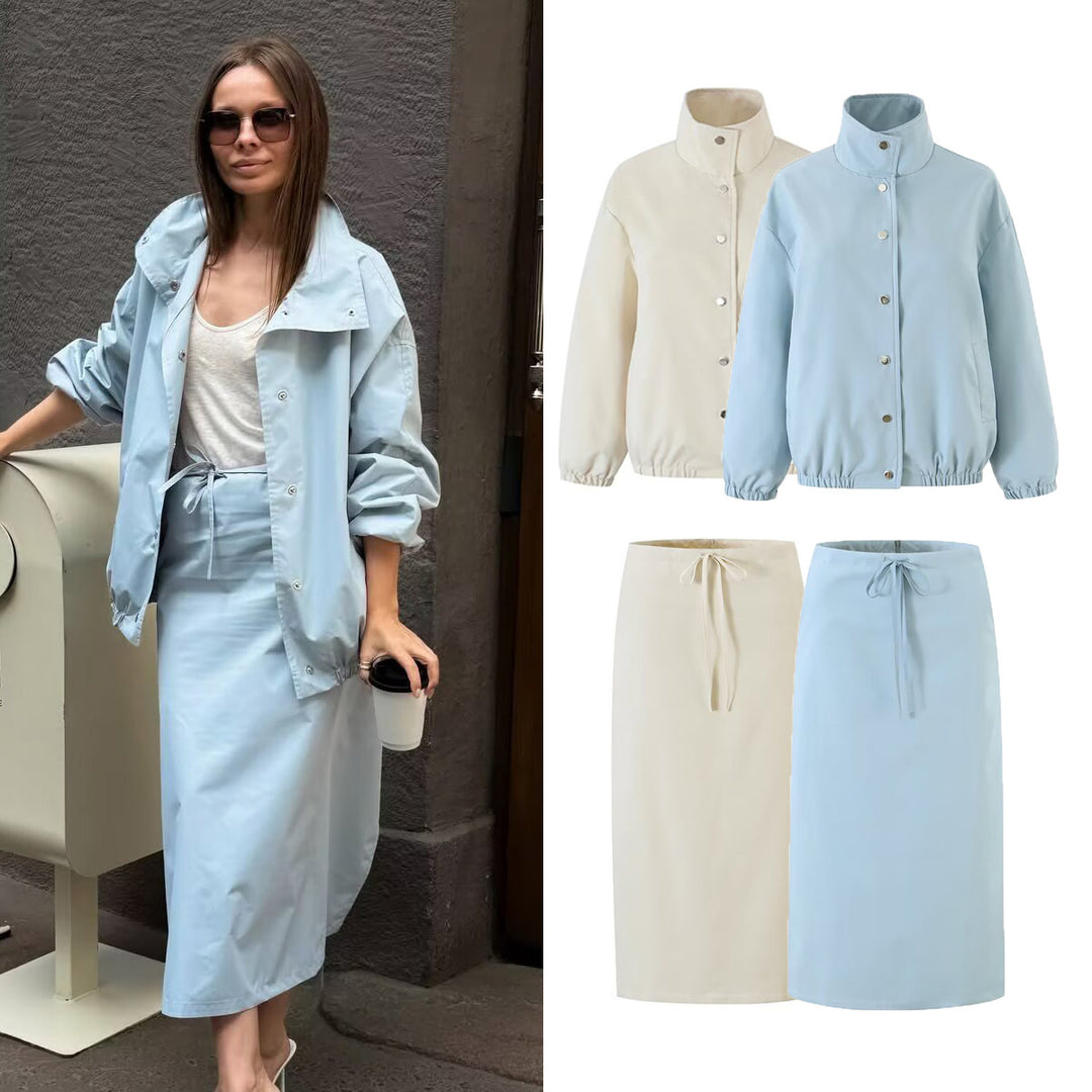 Damen Zweiteiliges Set aus kurzem Blouson mit Stehkragen und hoher Taillen-Bleistiftrock Drune