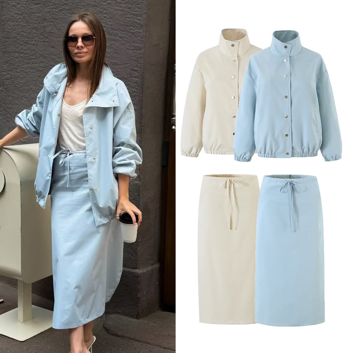 Damen Zweiteiliges Set aus kurzem Blouson mit Stehkragen und hoher Taillen-Bleistiftrock Drune