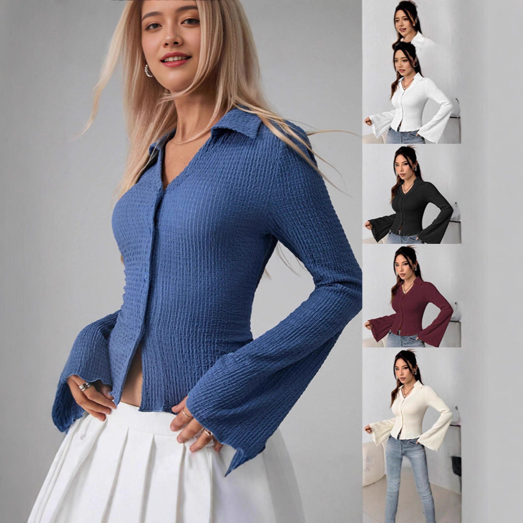 Damen Elegantes Langarmshirt mit samtiger Struktur und Glockenärmeln Drune