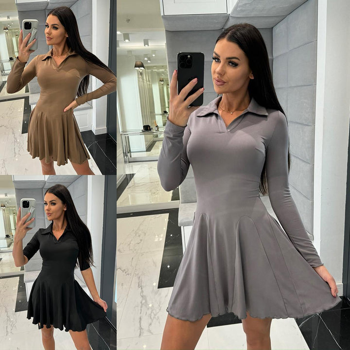 Damen A-Linien Kleid mit Polo-Kragen und schwingendem Rock Drune