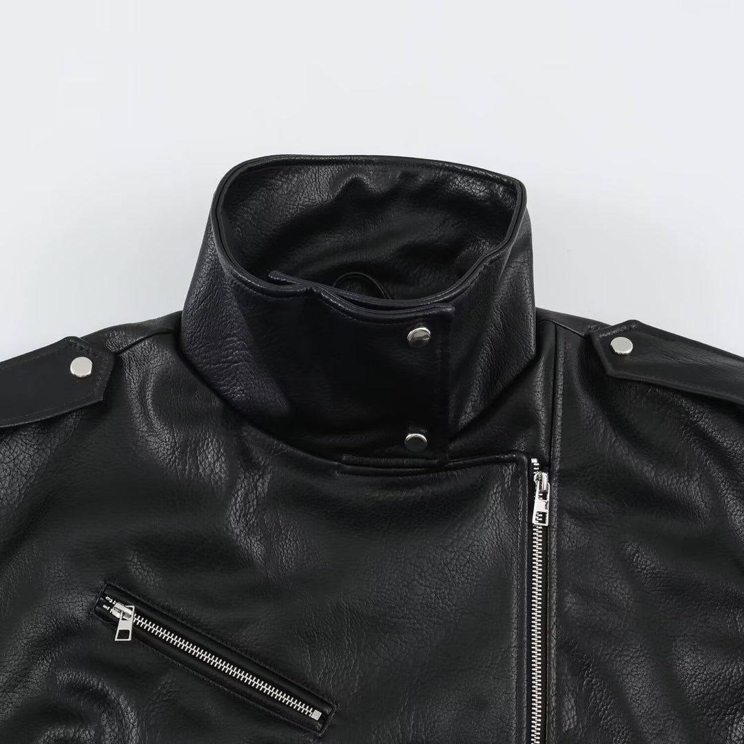 Herren Biker-Lederjacke mit hohem Stehkragen, Schulterklappen und Taillengürtel Drune