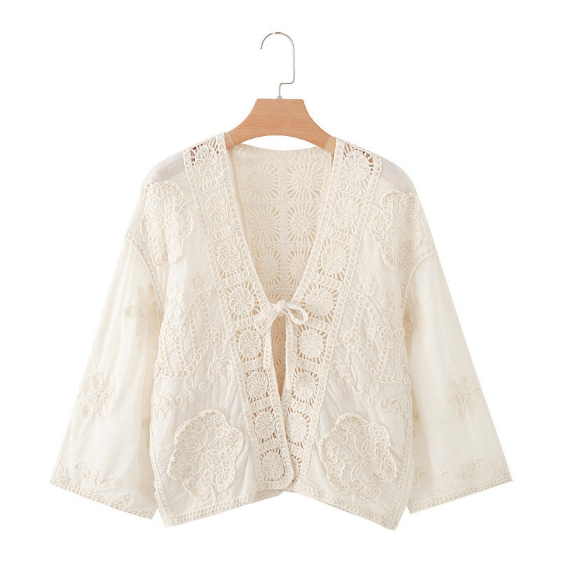 Damen Boho‑Häkelspitzenjacke mit V‑Ausschnitt und Bindeband Drune