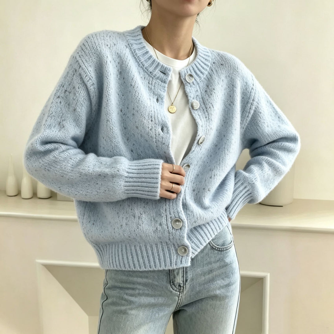 Damen Grobgestrickter Kurzcardigan mit Rundhalsausschnitt und meliertem Tweed-Effekt Drune