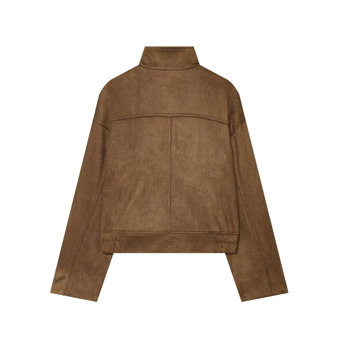 Damen Kurze Boxy‑Suede‑Jacke mit Stehkragen und aufgesetzten Pattentaschen Drune