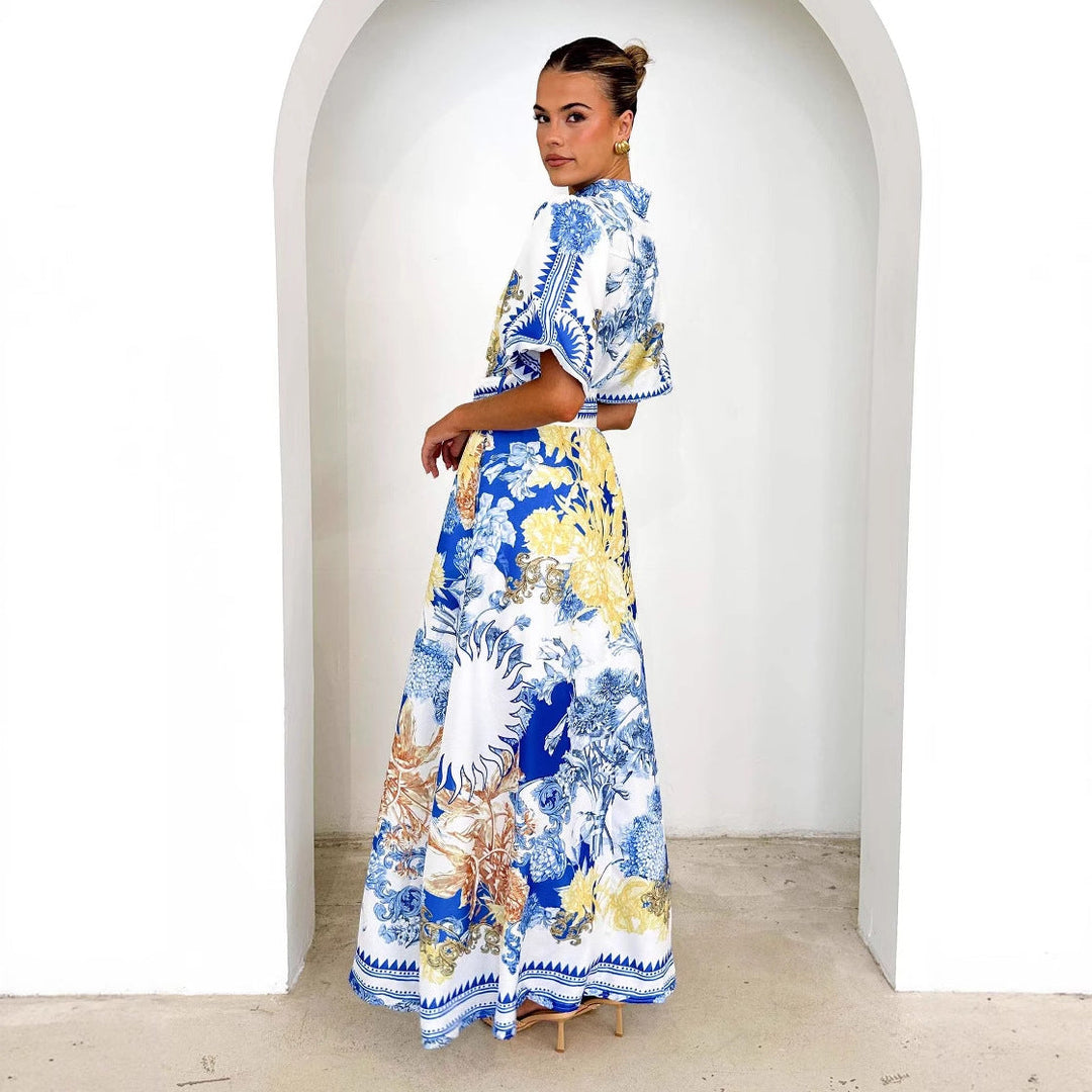 Damen Maxikleid mit floralem Knopfleisten-Design und tailliertem Gürtel Drune
