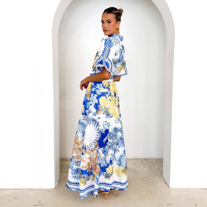 Damen Maxikleid mit floralem Knopfleisten-Design und tailliertem Gürtel Drune