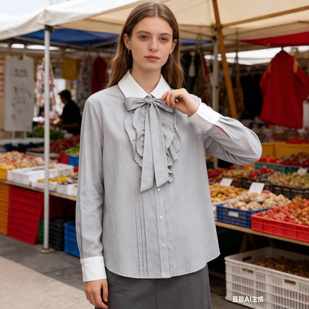 Damen Gestreifte Bluse mit Schleifenkragen, Rüschenfront und Kontrastmanschetten Drune