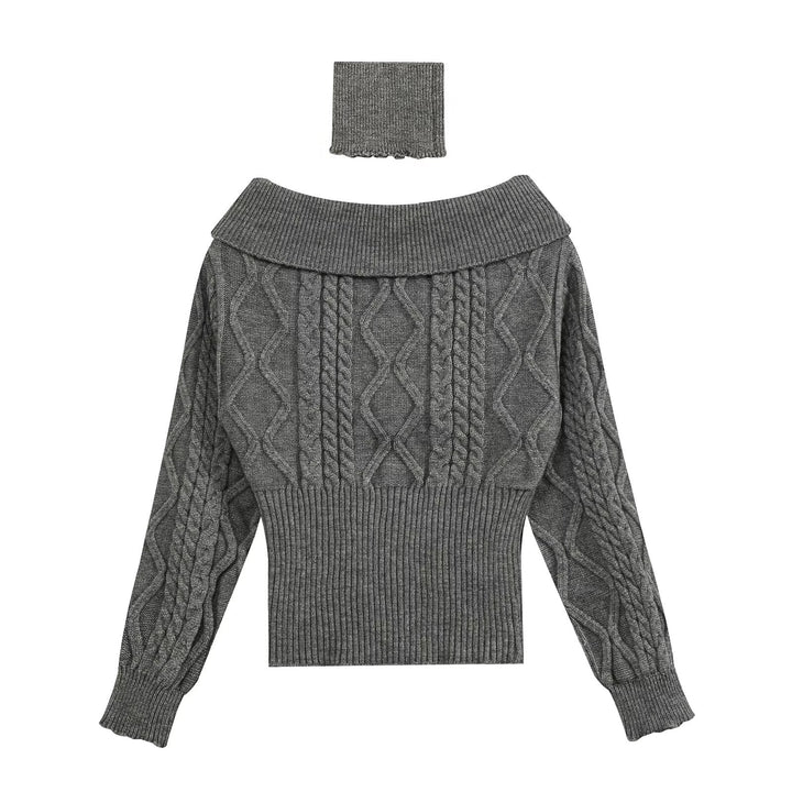 Damen Schulterfreier Zopfmuster-Pullover mit weitem Umschlagkragen Drune