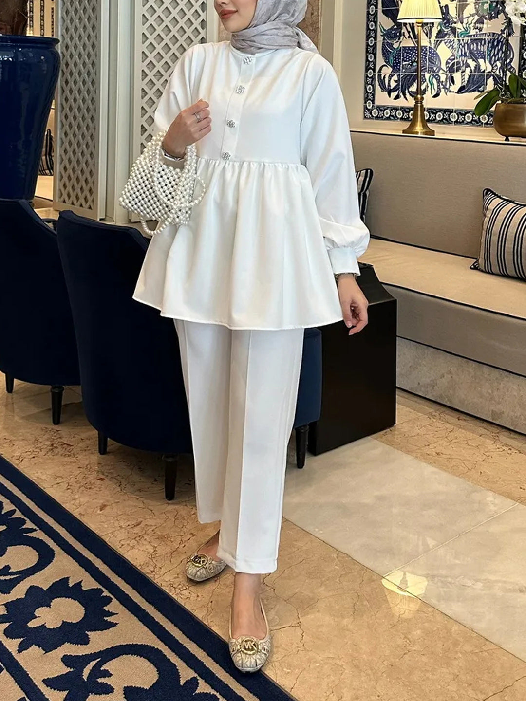 Damen Elegantes Tunika‑Hosen‑Set mit geraffter Empire‑Tunika und schlanker Anzughose Drune