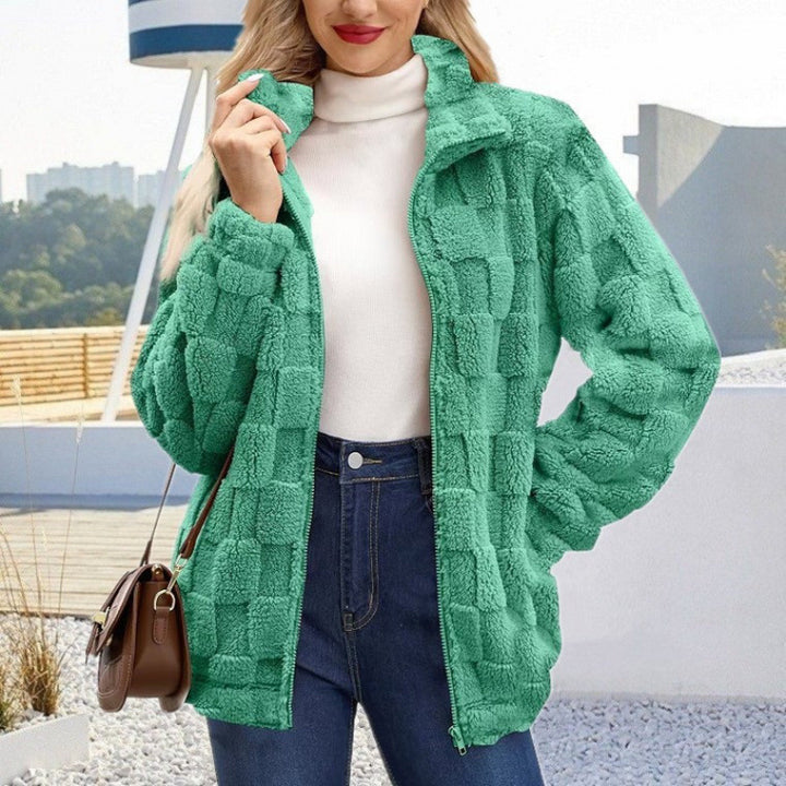 Damen Teddyjacke mit Karo-Struktur, Stehkragen und Reißverschluss Drune