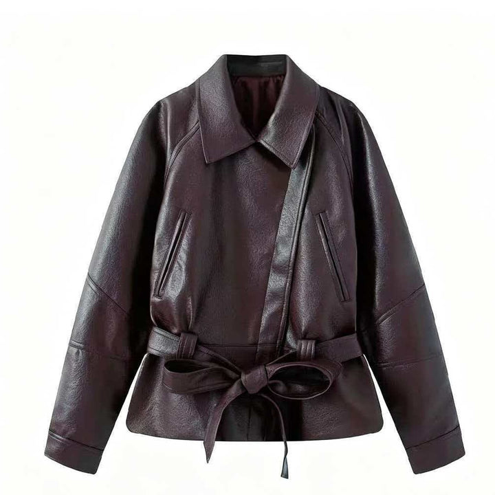 Damen Kurzjacke aus Kunstleder mit Taillengürtel und Hemdkragen Drune
