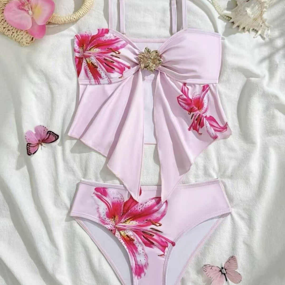 Damen Bikini-Set mit floralem Wickeldetail und eleganter Blütenapplikation Drune