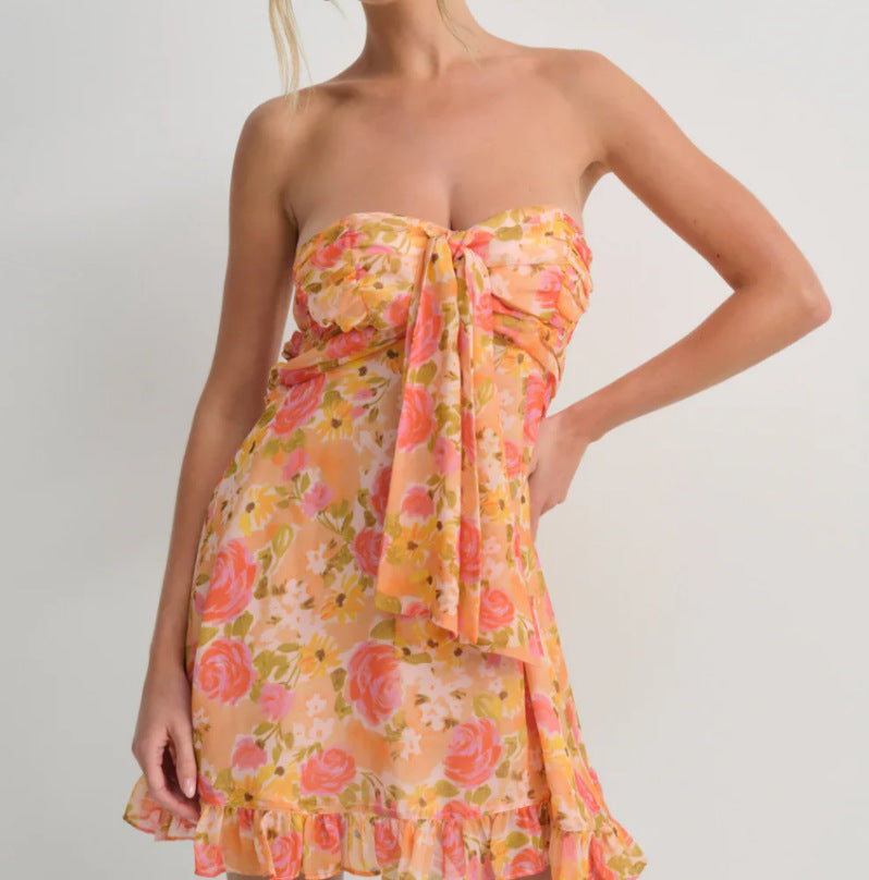 Damen nan trägerloses Chiffonkleid mit Frontschleife und Volantsaum Drune