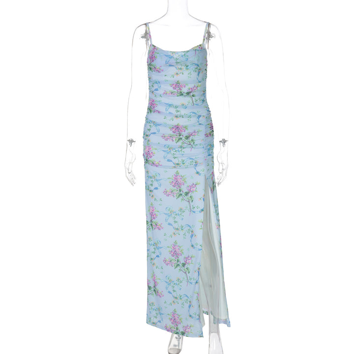 Damen Maxi-Kleid mit floralen Rüschen und seitlichem Schlitz Drune