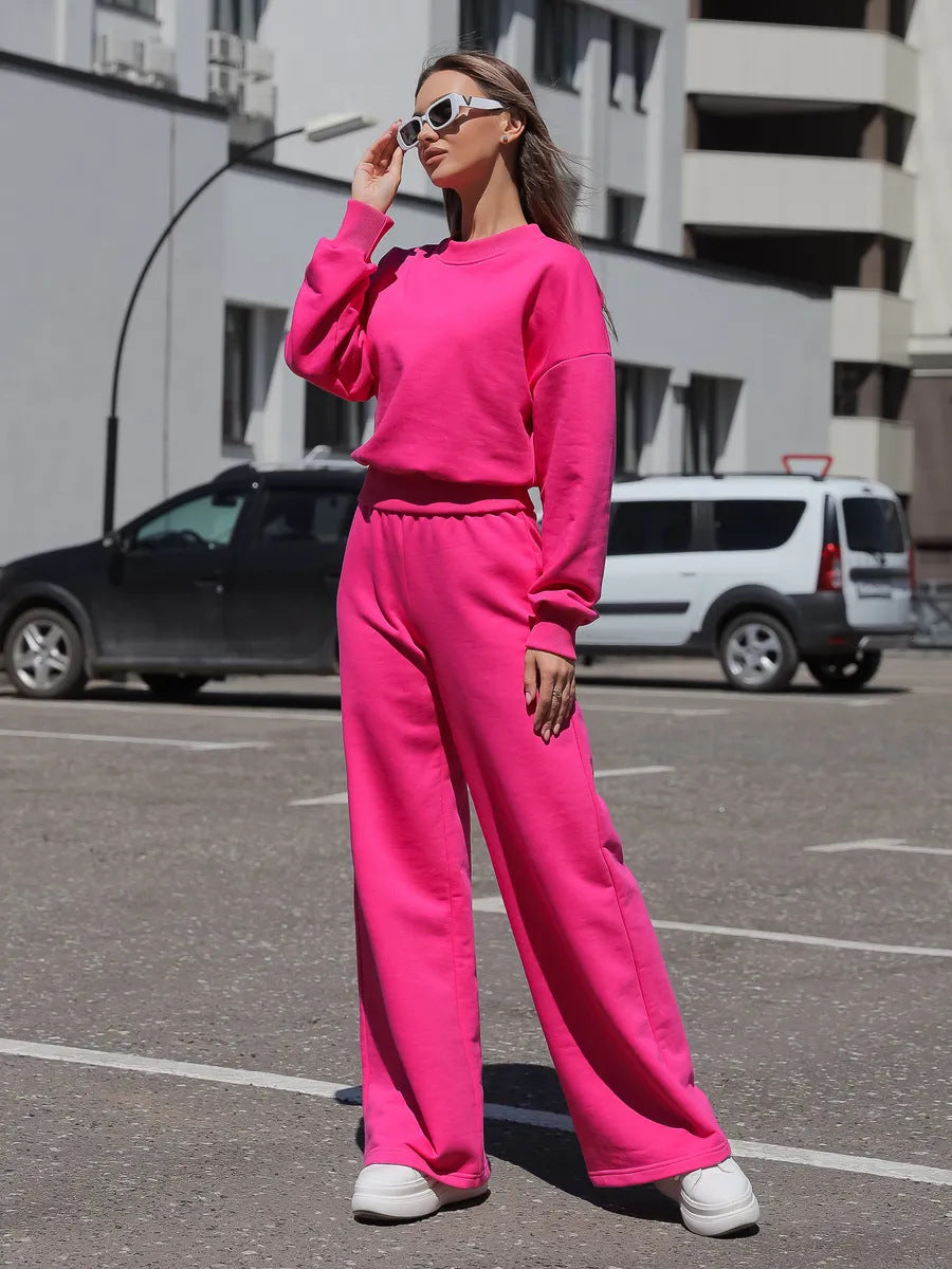 Damen Loungewear-Set mit weitem Crewneck-Sweater und High-Waist Palazzohose Drune