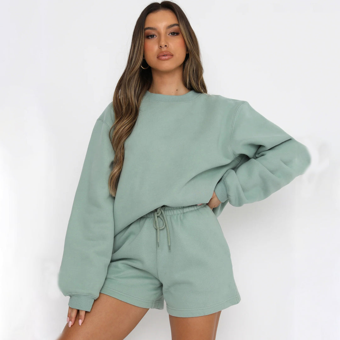 Damen lässiger Fleece-Sweater und Shorts Set Drune