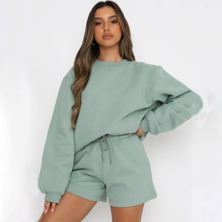 Damen lässiger Fleece-Sweater und Shorts Set Drune