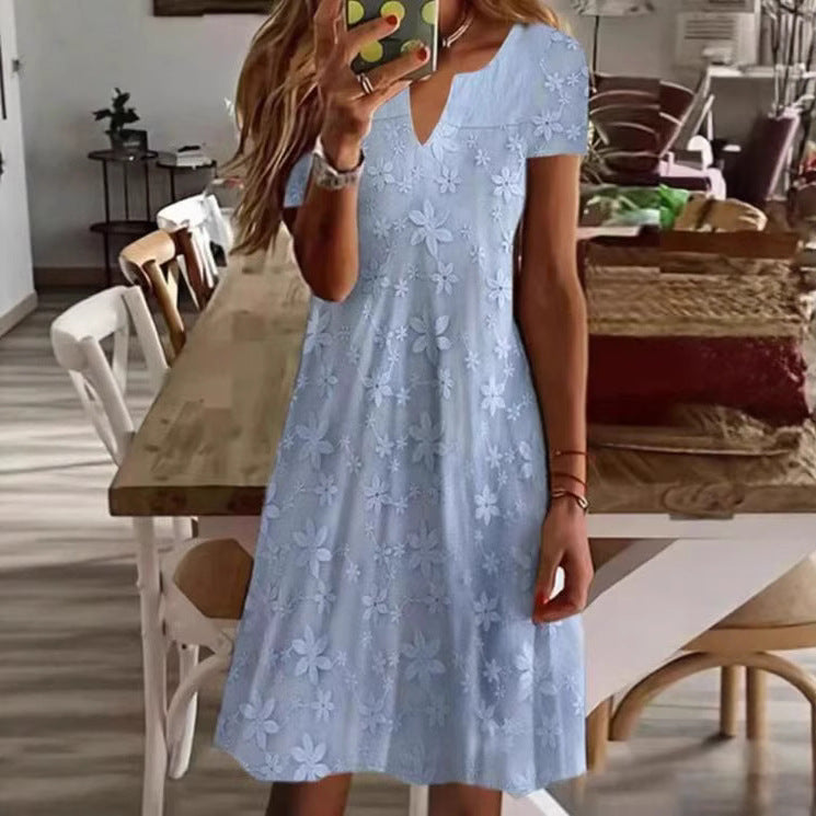 Damen Freizeitkleid mit floralem Stickdesign und V-Ausschnitt Drune