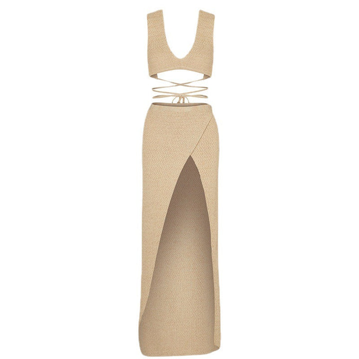Damen elegantes Kleid mit tiefem Schlitz und verspielten Trägern Drune