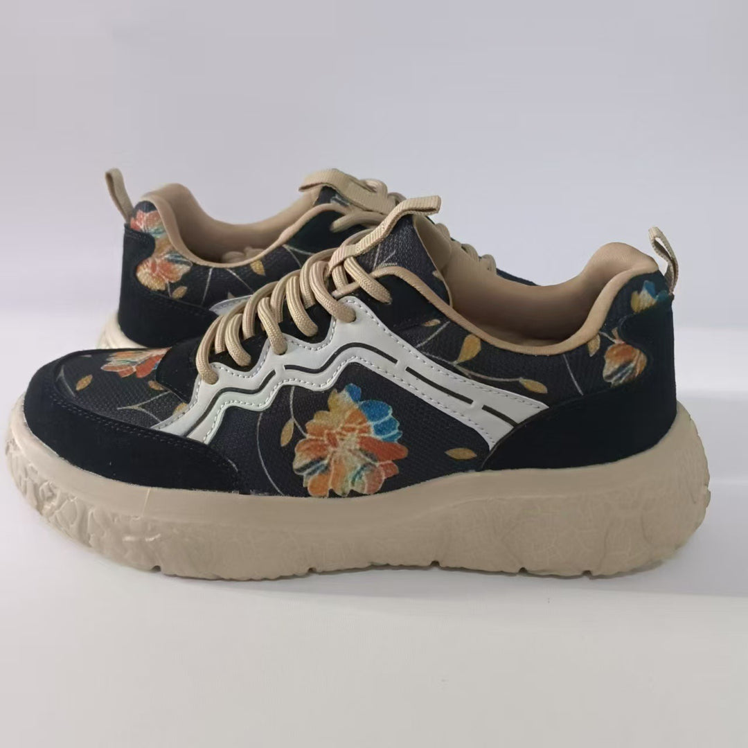 Damen nan modische Plateau-Sneaker mit floralem Canvasmuster und Velourslederbesatz Drune