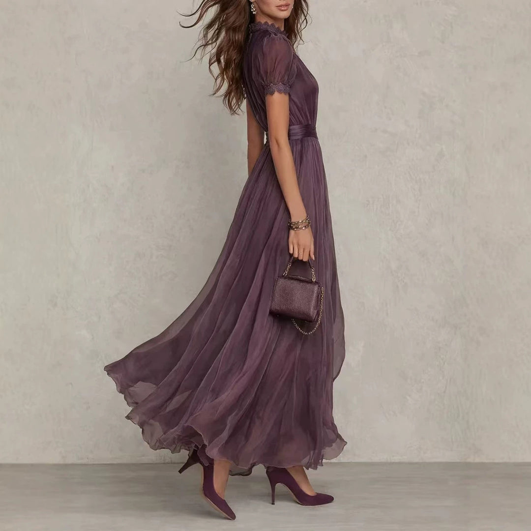 Damen nan langes Chiffon-Abendkleid mit Spitzen‑Stehkragen, Schlüsselöffnung und taillierter Schärpe Drune