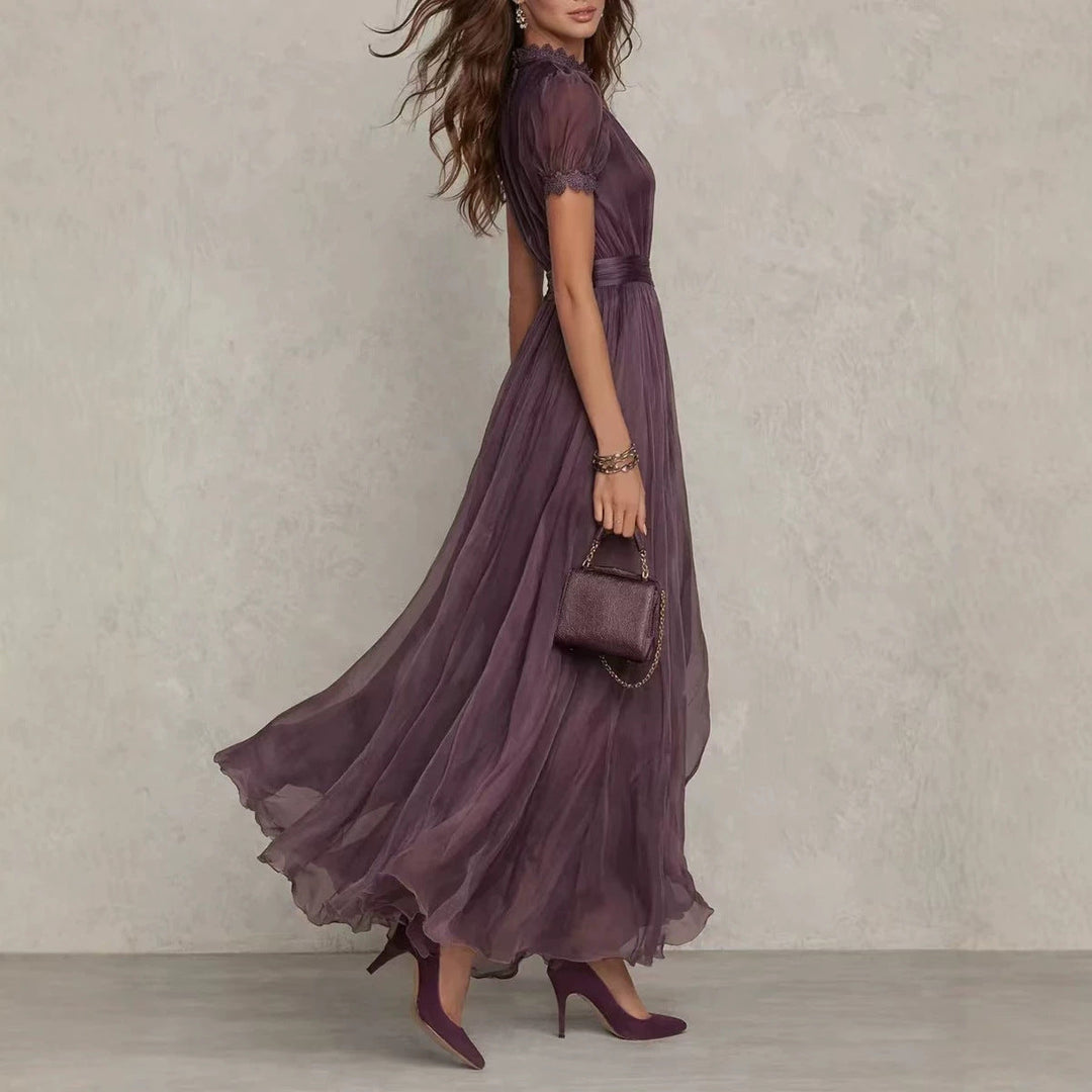 Damen nan langes Chiffon-Abendkleid mit Spitzen‑Stehkragen, Schlüsselöffnung und taillierter Schärpe Drune