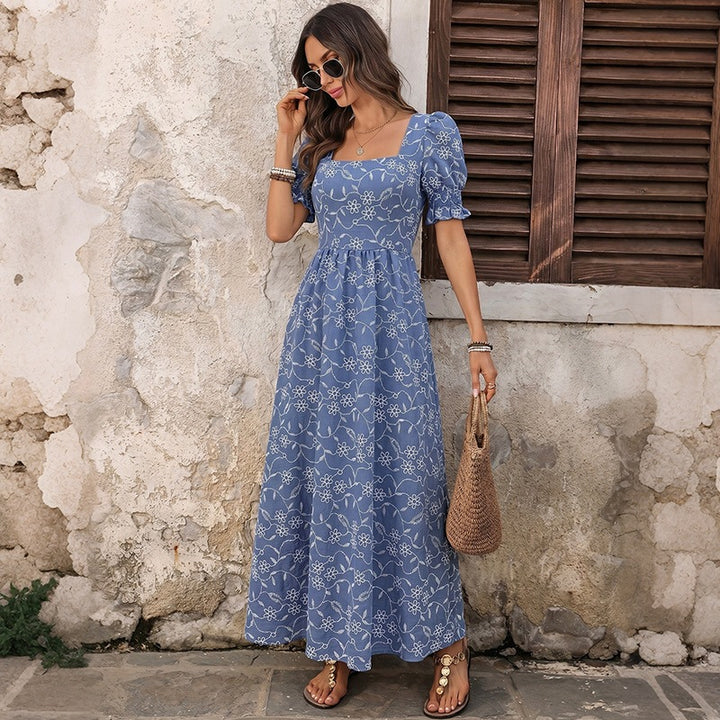 Damen Langes Leichtes Sommer-Maxikleid mit quadratischem Ausschnitt, Puffärmeln und floraler Stickoptik Drune