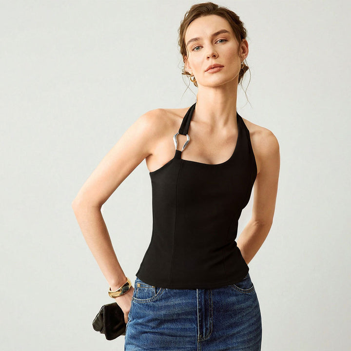 Damen schulterfreies Top mit modischem Halterdesign und eleganter Metallakzent Drune
