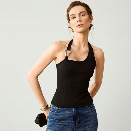 Damen schulterfreies Top mit modischem Halterdesign und eleganter Metallakzent Drune