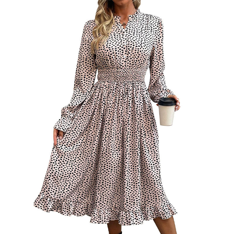 Damen Midikleid mit Smock-Taillenbund, Knopfleiste, Stehkragen und Volantrock Drune