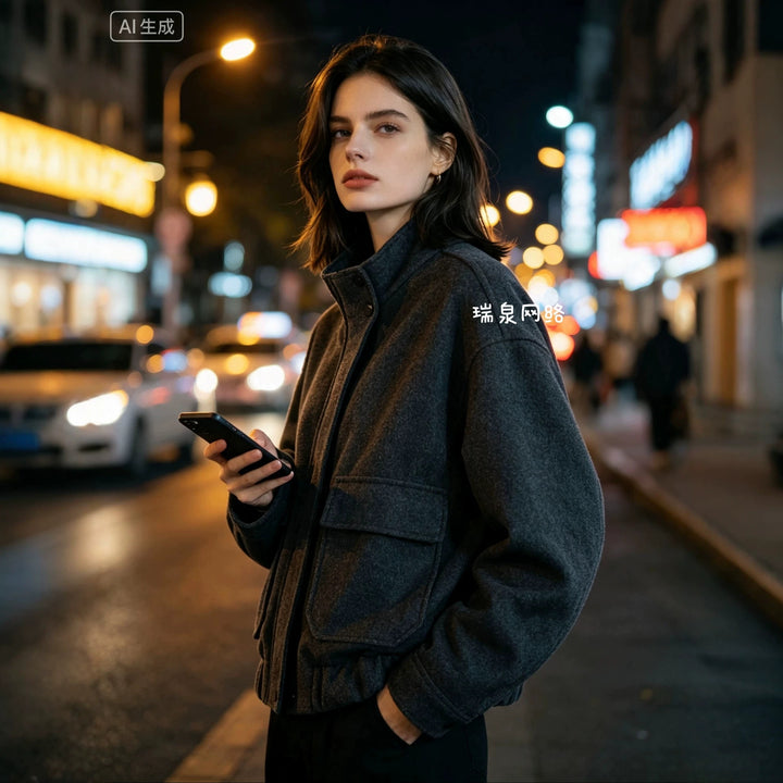 Damen Boxy-Übergangsjacke aus Wollmix mit Stehkragen, aufgesetzten Klappentaschen und elastischem Saum Drune