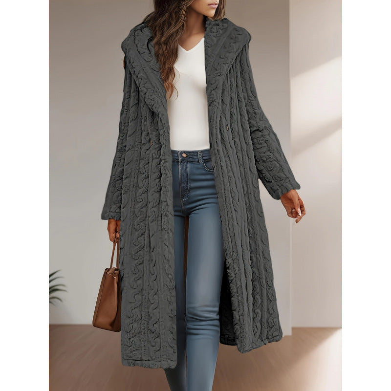 Damen Langer Strickmantel mit hohem Kragen und flauschiger Textur Drune