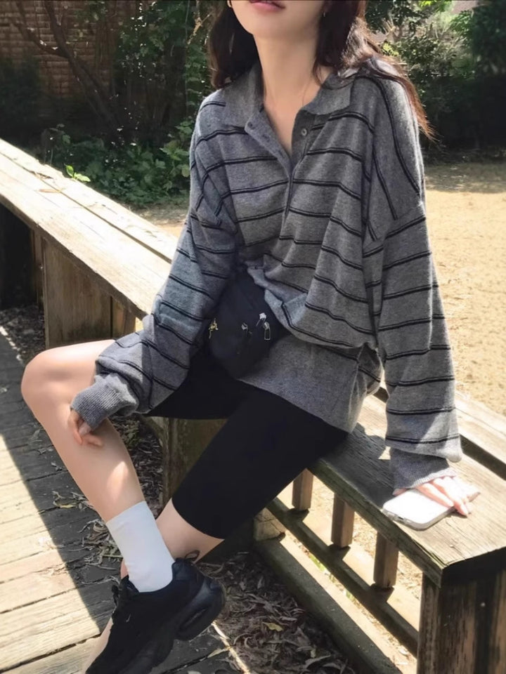 Damen Oversize-Polokragen-Strickpullover mit Streifen und halber Knopfleiste Drune
