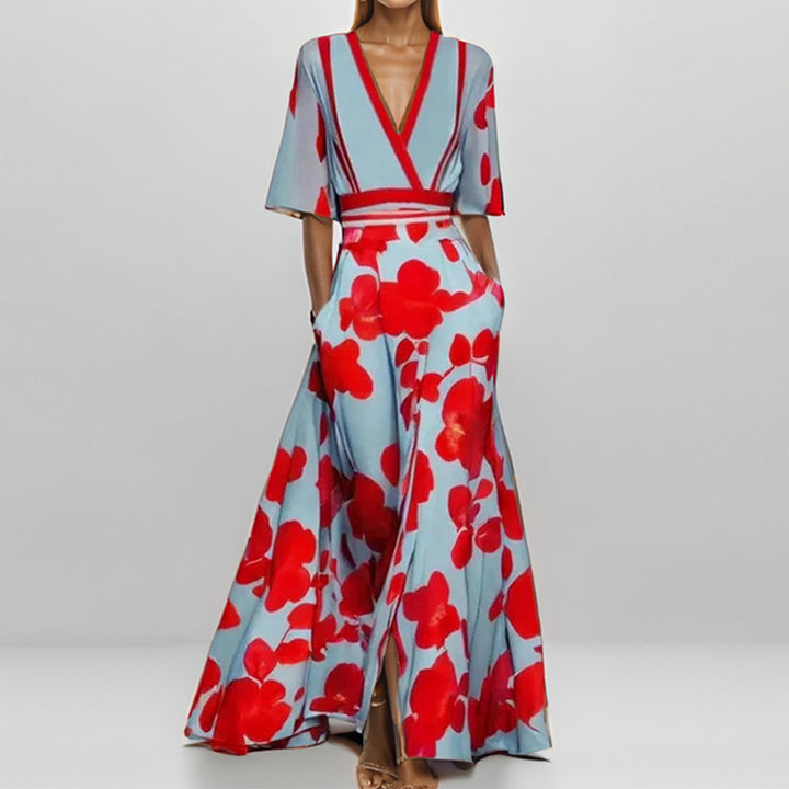 Damen Maxikleid mit Wickeloberteil, Taillengürtel und fließendem Satinrock Drune