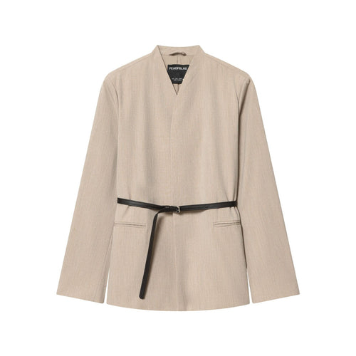 Damen nan taillierter kragenloser Blazer mit V-Ausschnitt und dünnem Ledergürtel Drune