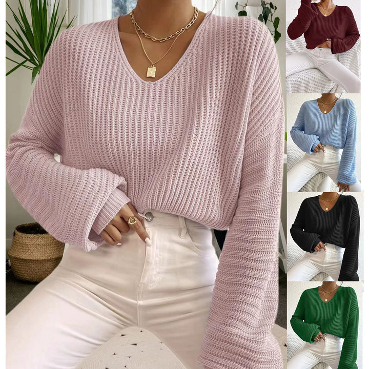 Damen lässiger Strickpullover mit weitem V-Ausschnitt und oversize Ärmeln Drune