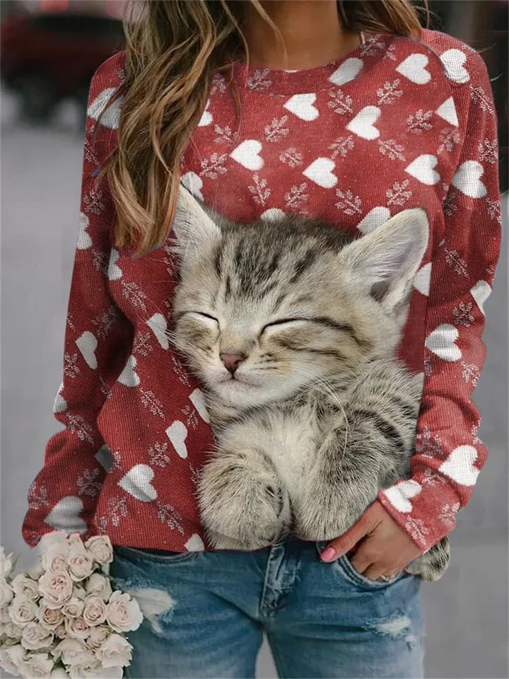 Damen Gemütlicher Übergroßer Fleece-Pullover mit Großem Welpenfoto-Print Drune