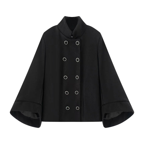 Damen nan kastiger zweireihiger Cape-Mantel mit weiten Glockenärmeln und Stehkragen Drune
