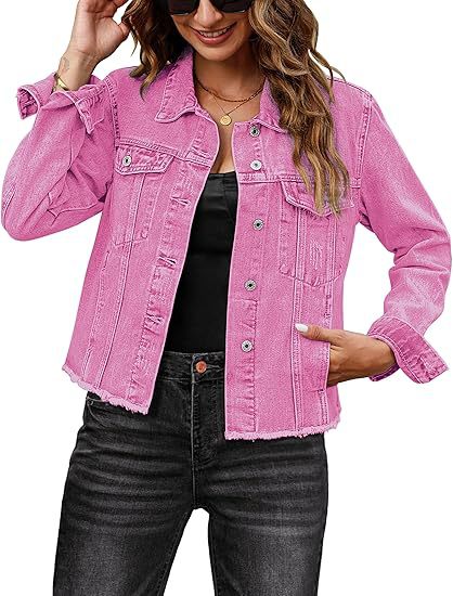 Damen Kurz geschnittene Denim-Jacke mit fransigem Saum und Brusttaschen Drune