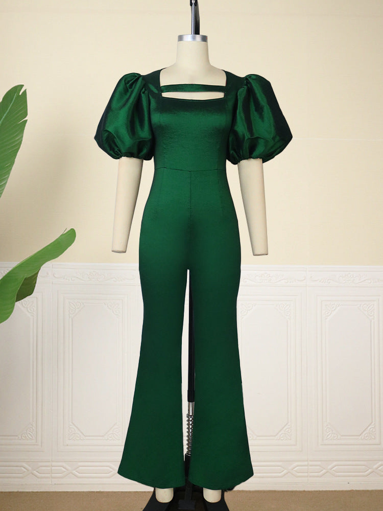 Damen eleganter Overall mit Puffärmeln und quadratischem Ausschnitt Drune