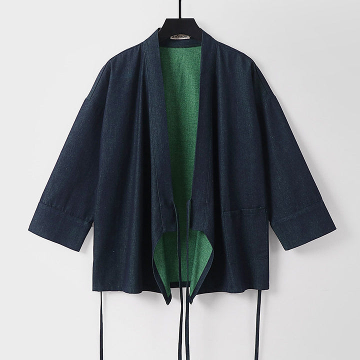 Damen Leichte zweifarbige Kimono-Jacke mit Bindebändern und kontrastiertem Innenfutter Drune