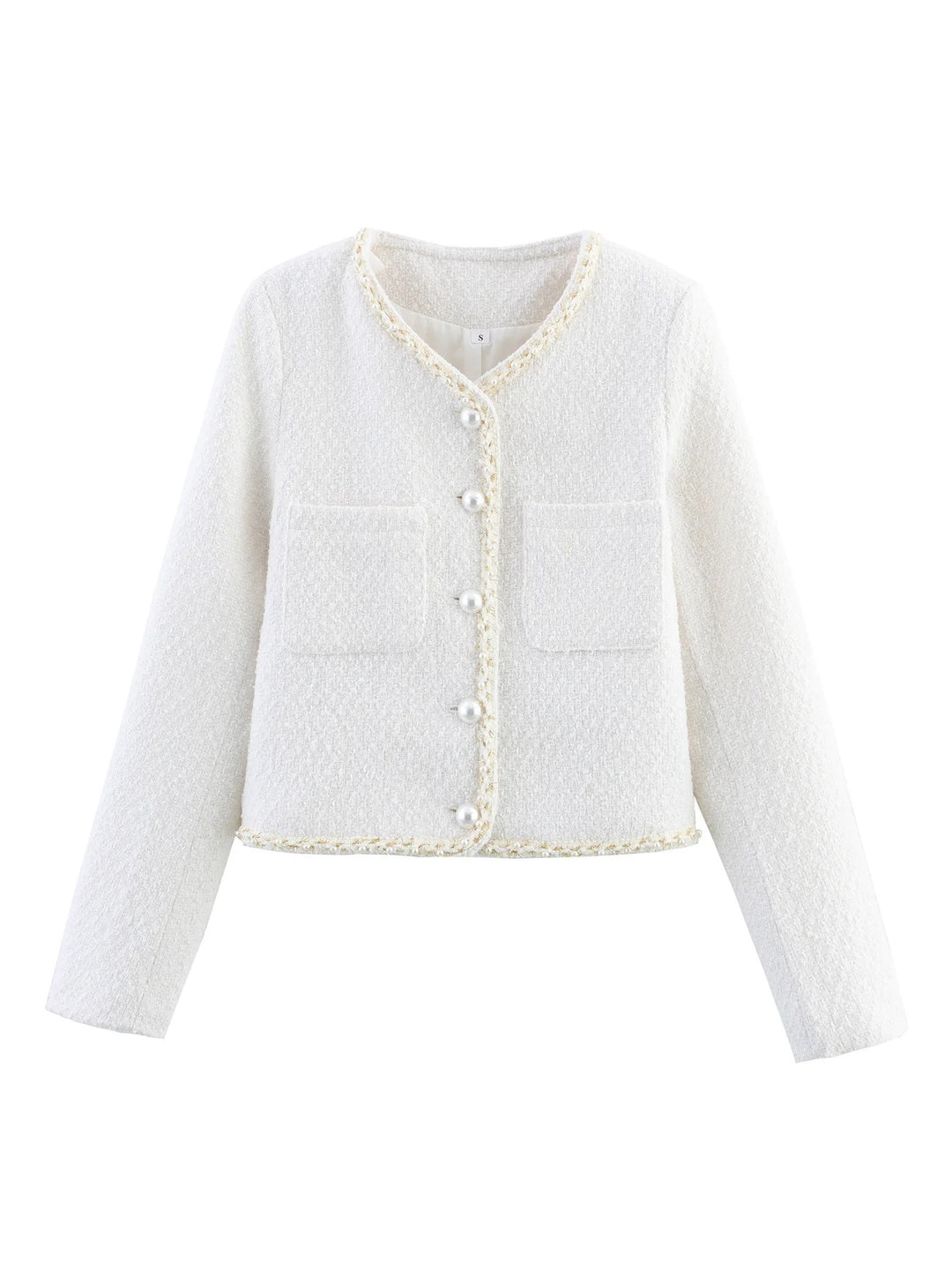 Damen elegante Kurzarmpulloverjacke mit perlverzierten Knöpfen und aufgesetzten Taschen Drune