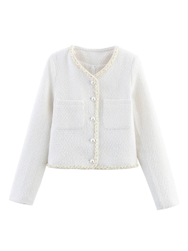 Damen elegante Kurzarmpulloverjacke mit perlverzierten Knöpfen und aufgesetzten Taschen Drune