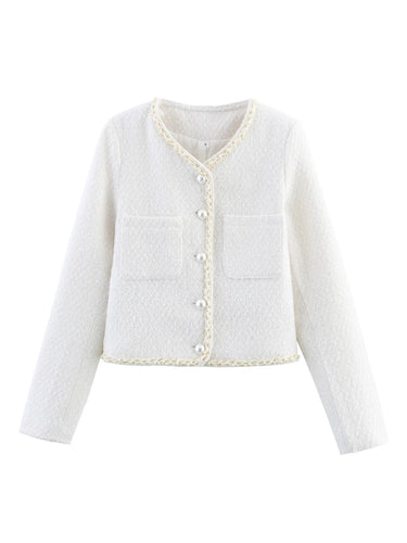 Damen elegante Kurzarmpulloverjacke mit perlverzierten Knöpfen und aufgesetzten Taschen Drune
